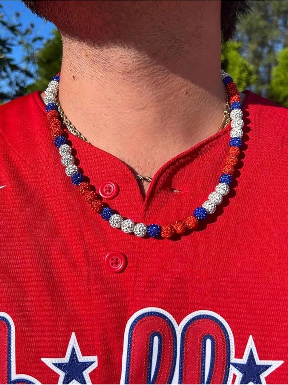 Sparkling Red, Blue & White Beaded “Baseball” Necklace